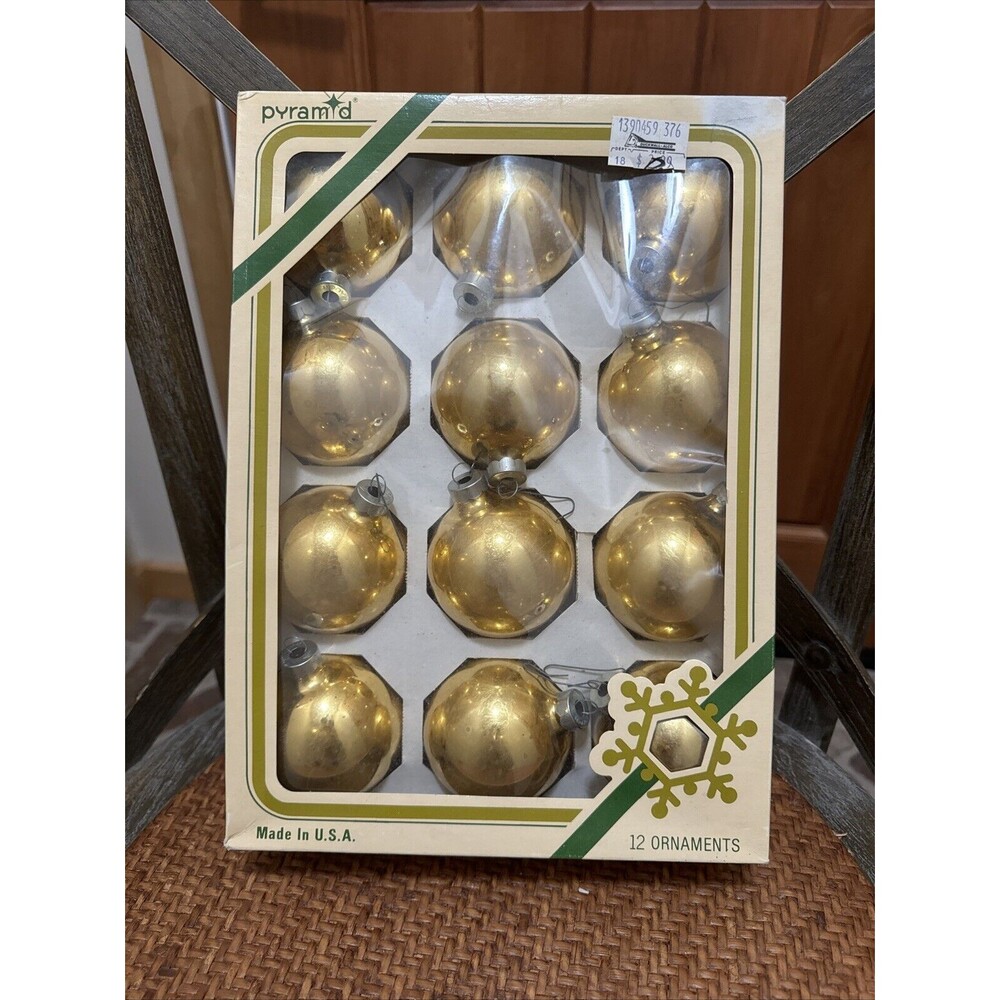 Vintage Pyramid Rauch Industries 12 Gold Glass Ball Christmas‎ Ornaments